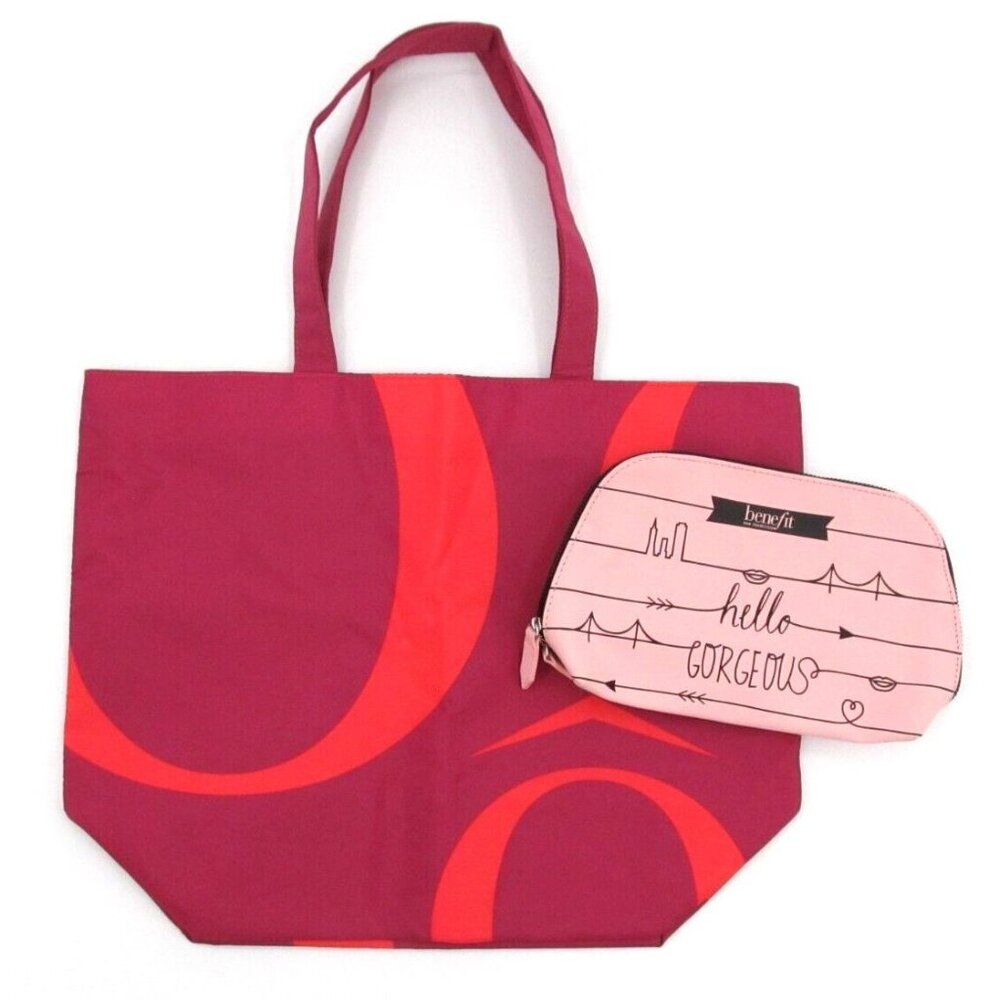 Lancome Paris Tote Bag & Benefit SF Makeup Zip Pouch Pink Purple Lined 18x14"